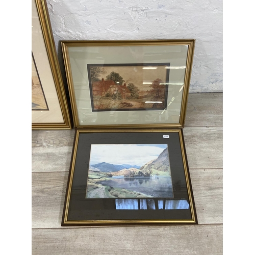 276 - Seven framed pictures to include L. Bowden Clovelly Harbour print, two early 20th century Eastwood w... 