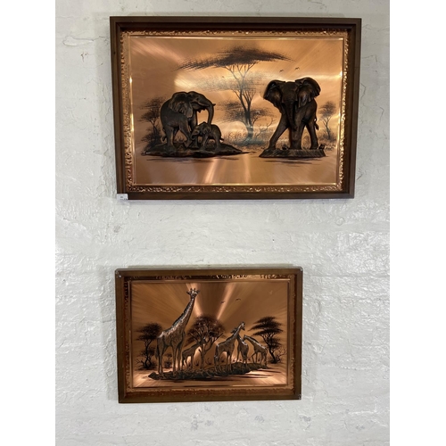 281 - Two framed copper relief 3D wall plaques, one of elephants and one of giraffes - largest approx. 60c... 