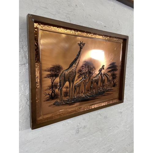 281 - Two framed copper relief 3D wall plaques, one of elephants and one of giraffes - largest approx. 60c... 