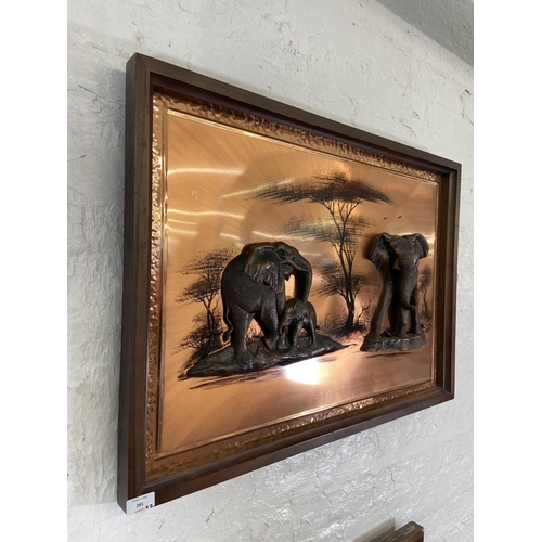 281 - Two framed copper relief 3D wall plaques, one of elephants and one of giraffes - largest approx. 60c... 