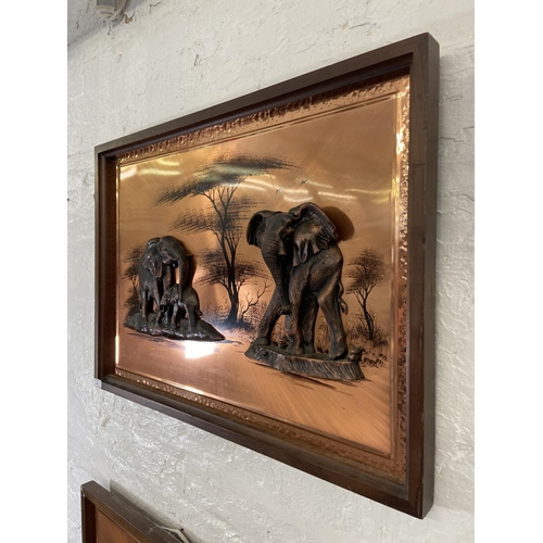 281 - Two framed copper relief 3D wall plaques, one of elephants and one of giraffes - largest approx. 60c... 