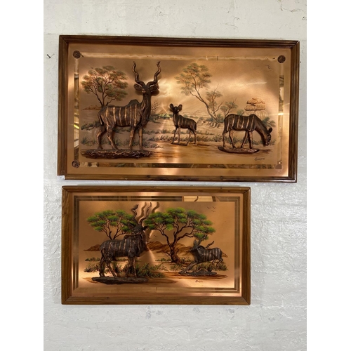 282 - Two framed Gastone copper relief 3D wall plaques - largest approx. 73cm high x 123cm wide