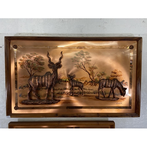 282 - Two framed Gastone copper relief 3D wall plaques - largest approx. 73cm high x 123cm wide