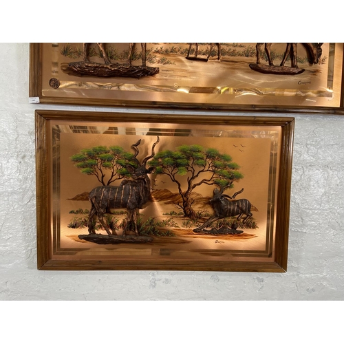 282 - Two framed Gastone copper relief 3D wall plaques - largest approx. 73cm high x 123cm wide