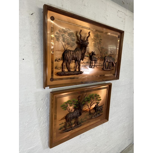 282 - Two framed Gastone copper relief 3D wall plaques - largest approx. 73cm high x 123cm wide