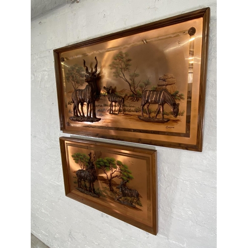 282 - Two framed Gastone copper relief 3D wall plaques - largest approx. 73cm high x 123cm wide