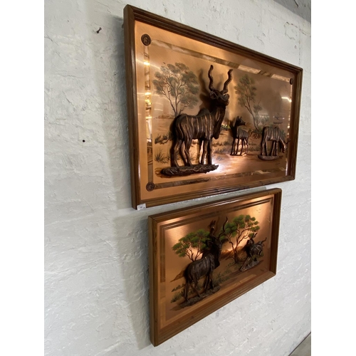 282 - Two framed Gastone copper relief 3D wall plaques - largest approx. 73cm high x 123cm wide