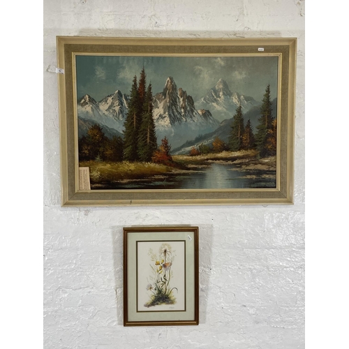 283 - Two framed pictures, one mid 20th century J. De Nooyer oil on canvas of a mountain lakeside scene - ... 