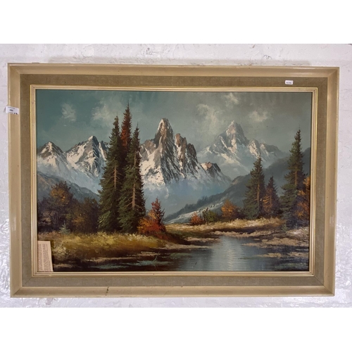 283 - Two framed pictures, one mid 20th century J. De Nooyer oil on canvas of a mountain lakeside scene - ... 