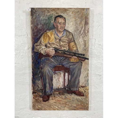 286 - A Jan Stekelenburg (Dutch 1922-1977) oil on canvas of a gentleman holding rifle signed lower right a... 