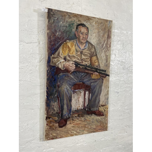 286 - A Jan Stekelenburg (Dutch 1922-1977) oil on canvas of a gentleman holding rifle signed lower right a... 