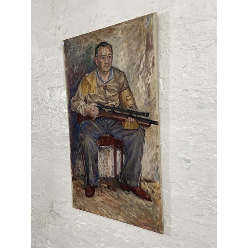 286 - A Jan Stekelenburg (Dutch 1922-1977) oil on canvas of a gentleman holding rifle signed lower right a... 