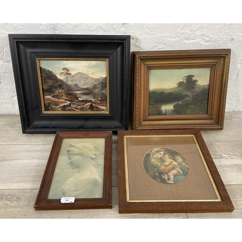 291 - Four framed pictures, two prints, one oil on canvas and one oleograph - largest approx. 36cm high x ... 