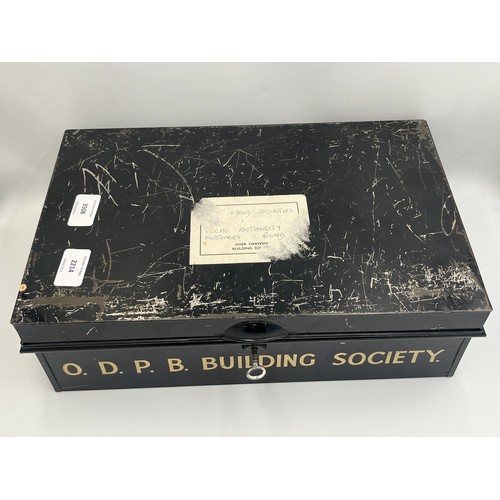 2214 - A vintage metal deed box marked O.D.P.B. Building Society containing coins to include encapsulated 2... 