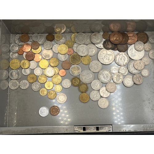 2214 - A vintage metal deed box marked O.D.P.B. Building Society containing coins to include encapsulated 2... 