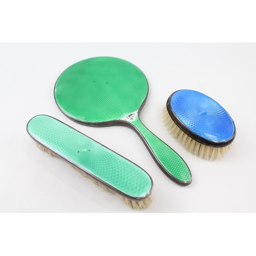 2191 - Three Art Deco hallmarked Birmingham silver and guilloche enamel dressing table accessories - approx... 