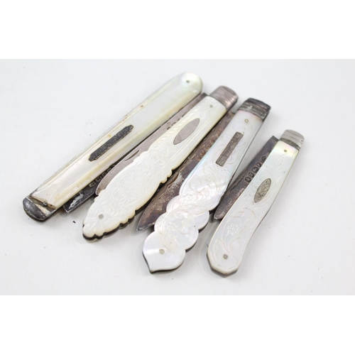 2198 - Four antique hallmarked sterling silver and mother of pearl fruit knives - approx. gross weight 84g