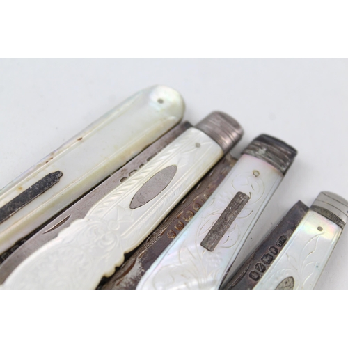 2198 - Four antique hallmarked sterling silver and mother of pearl fruit knives - approx. gross weight 84g