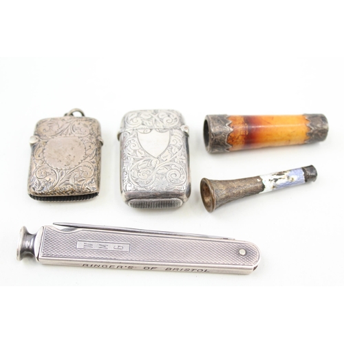 2215 - Five pieces of hallmarked sterling silver tobacciana, two vesta cases, one cigar cutter/knife and tw... 