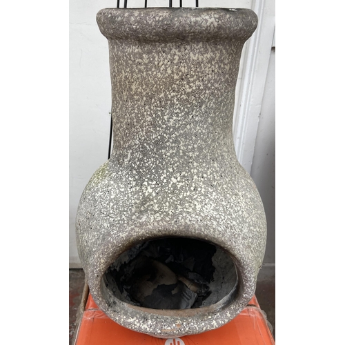 107 - Three garden items, one boxed La Hacienda Wela stone effect chimenea - approx. 70cm high x 30cm diam... 