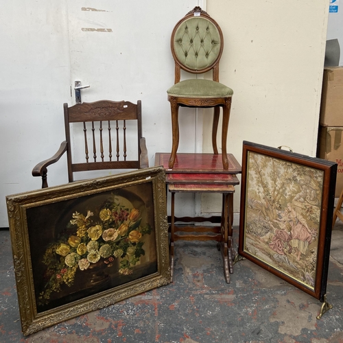 111 - Five items, one mahogany framed tapestry fire screen on brass supports, one gilt framed oil on canva... 