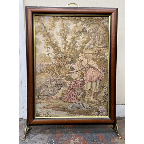 111 - Five items, one mahogany framed tapestry fire screen on brass supports, one gilt framed oil on canva... 