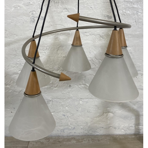 113 - A Massive grey metal and wood chandelier with five mottled glass shades - approx. 65cm high