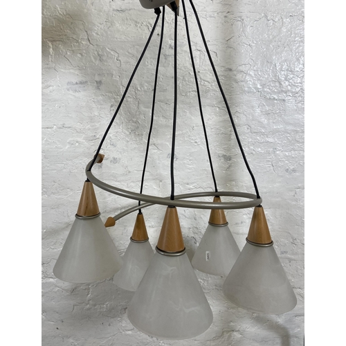 113 - A Massive grey metal and wood chandelier with five mottled glass shades - approx. 65cm high