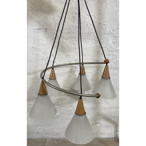 113 - A Massive grey metal and wood chandelier with five mottled glass shades - approx. 65cm high