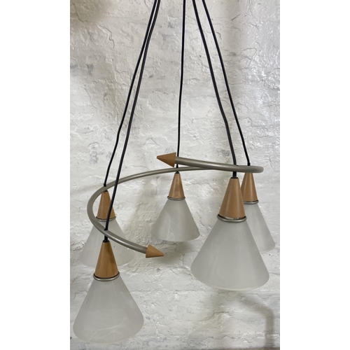 113 - A Massive grey metal and wood chandelier with five mottled glass shades - approx. 65cm high