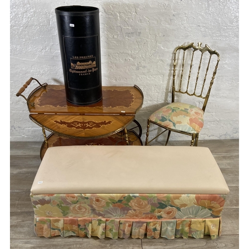 118 - Four pieces of furniture, one cream leatherette and floral fabric upholstered blanket box, one Frenc... 