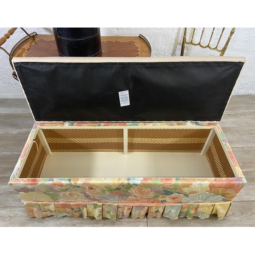 118 - Four pieces of furniture, one cream leatherette and floral fabric upholstered blanket box, one Frenc... 