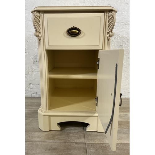 121 - A French style white painted bedside cabinet - approx. 63cm high x 40cm wide x 46cm deep