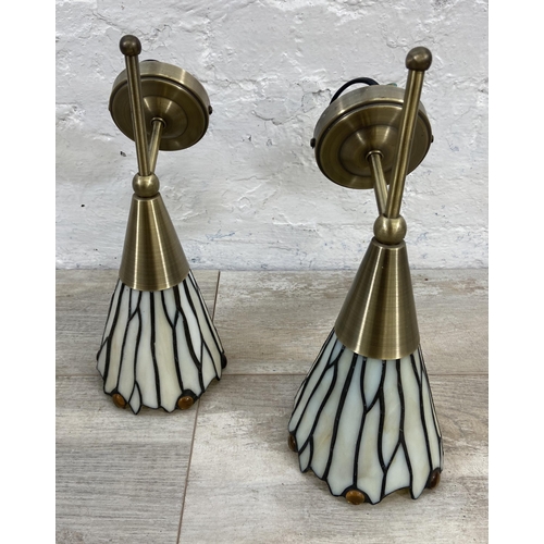 126 - Four pieces of Tiffany style brushed brass effect and stained glass lighting, two chandeliers and tw... 