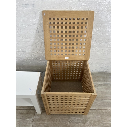 138 - Two pieces of modern furniture, one IKEA Lack white laminate bench and one beech laundry basket