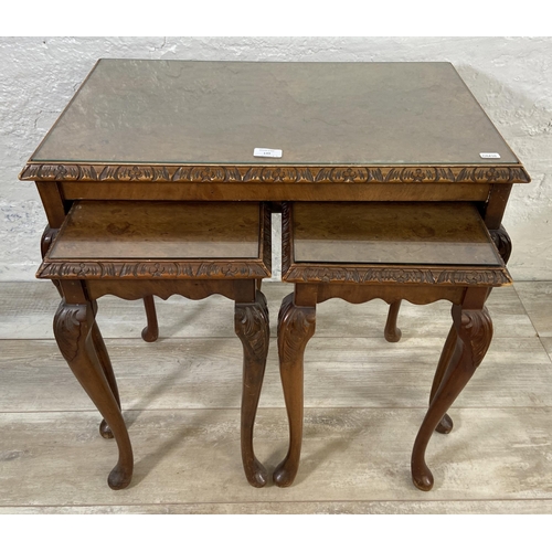 149 - Two pieces of furniture, one Queen Anne style burr walnut nest of three tables and one French style ... 