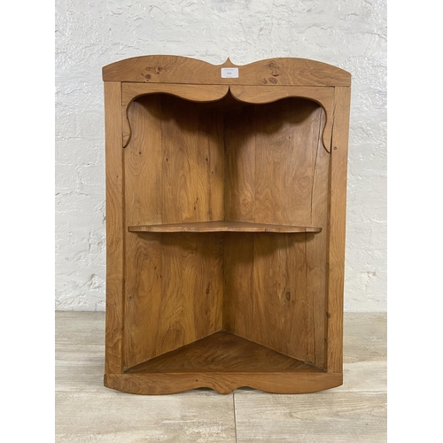 150 - An oak wall hanging two tier corner shelving unit - approx. 78cm high 56cm wide x 29cm deep