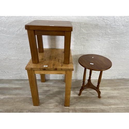 155 - Six pieces of furniture, one beech circular side table, one pine side table, one oak side table, one... 