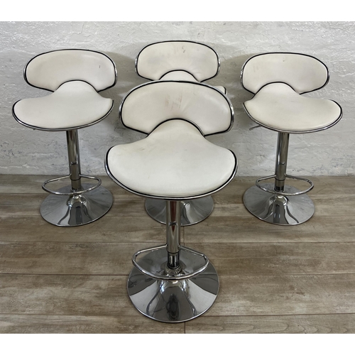 156 - Four modern chrome plated and white leatherette height adjustable kitchen bar stools