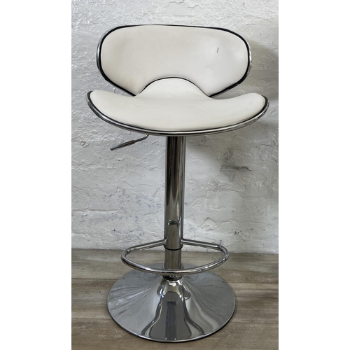 156 - Four modern chrome plated and white leatherette height adjustable kitchen bar stools