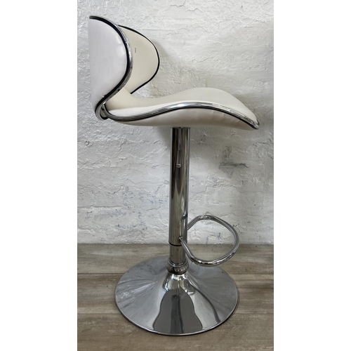 156 - Four modern chrome plated and white leatherette height adjustable kitchen bar stools