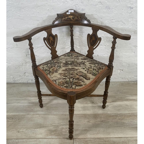 17 - An Edwardian inlaid mahogany and tapestry upholstered corner chair - approx. 74cm high x 67cm wide x... 