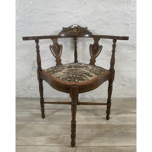 17 - An Edwardian inlaid mahogany and tapestry upholstered corner chair - approx. 74cm high x 67cm wide x... 