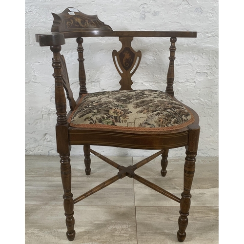 17 - An Edwardian inlaid mahogany and tapestry upholstered corner chair - approx. 74cm high x 67cm wide x... 