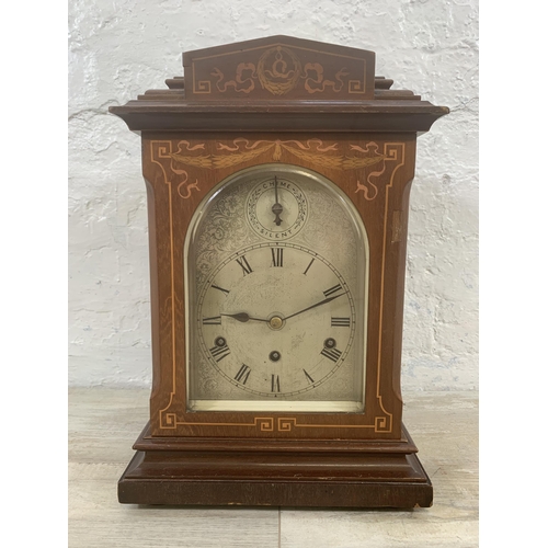 18 - An early 20th century inlaid mahogany cased silent chime mantel clock with German No. 6713 movement ... 