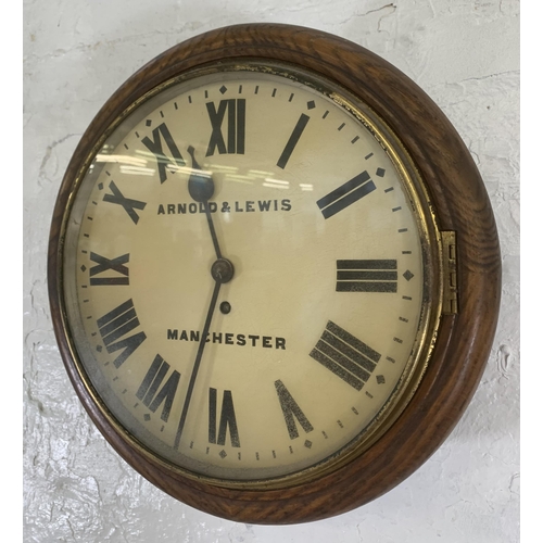 25 - A Victorian Arnold & Lewis of Manchester oak cased single fusee circular wall clock with pendulum - ... 