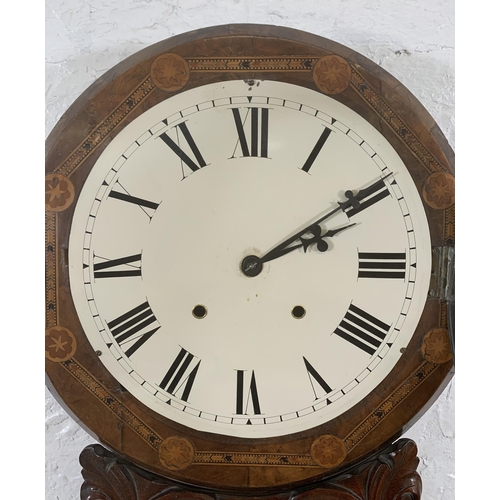 26 - A late 19th/early 20th century American inlaid walnut cased drop dial wall clock with winder and pen... 