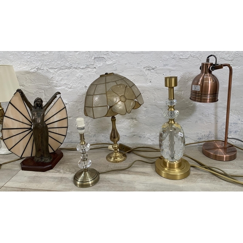 31 - Nine table lamps to include gilt metal and marble, Dunelm copper effect, bronzed resin figural with ... 