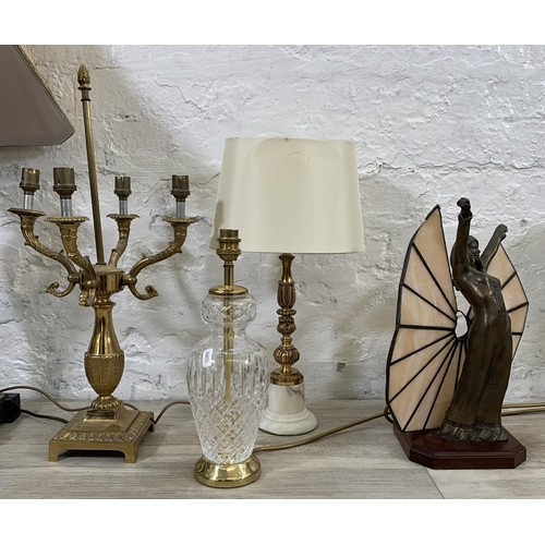 31 - Nine table lamps to include gilt metal and marble, Dunelm copper effect, bronzed resin figural with ... 