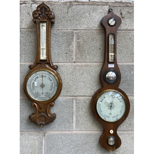 45 - Two 19th century wall mountable barometers, one carved oak cased - approx. 82cm high and one E. Good... 